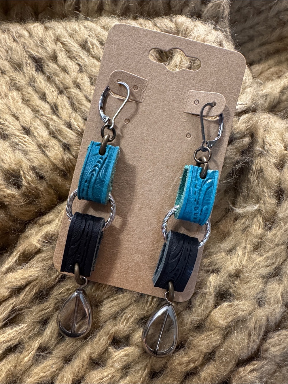 Handmade Turquoise and Black Leather Drop Earrings